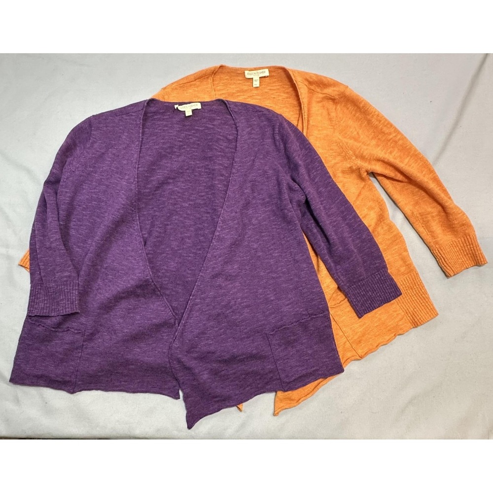 Eileen Fisher Sweater Cardigan Womens PS Purple Orange 2pc Open Front Linen